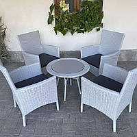 Комплект меблів для саду 4 крісла + кавовий столик круглий метал/ротанг/ЛДСП Білий Woody