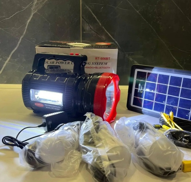 Ліхтар переносний із сонячною портативною батареєю Solar RT-906BT Повербанк Bluetooth Колонка LED лампи MP3