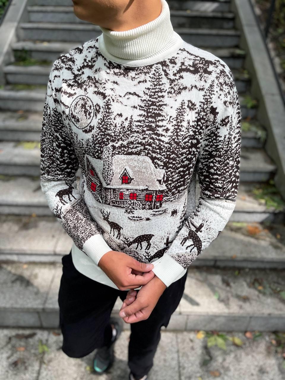 Новорічний светр "Будиночок та олені" з горлом