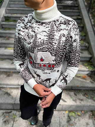 Новорічний светр "Будиночок та олені" з горлом, фото 1