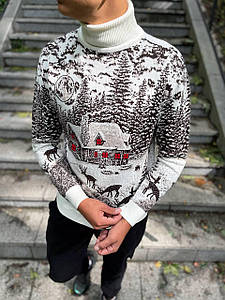 Новорічний светр "Будиночок та олені" з горлом