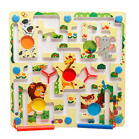 Іграшка-лабіринт "Тварини" на дерев'яній дошці з магнітними кульками та магнітними паличками, 25х25х2,5cm BF