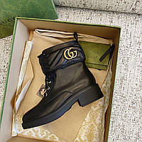 Женские черные осенние демисезонные кожаные сапоги ботинки Gucci Marmont с надписью Гуччи гучи