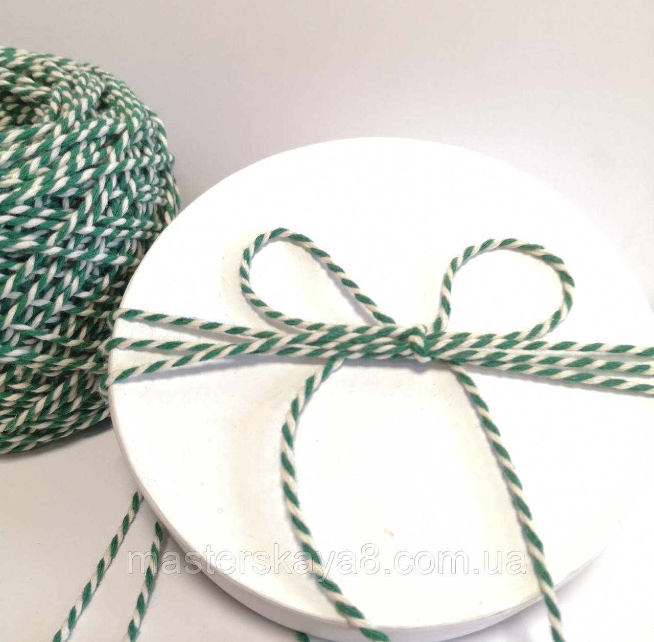 Кольоровий шпагат бавовна, мотузка, декоративний шнур для упаковки, колір зелений з білим