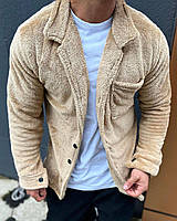 Молодежная куртка-рубашка бежевого цвета | Модная теплая мужская рубашка | Стильная махровая рубашка L