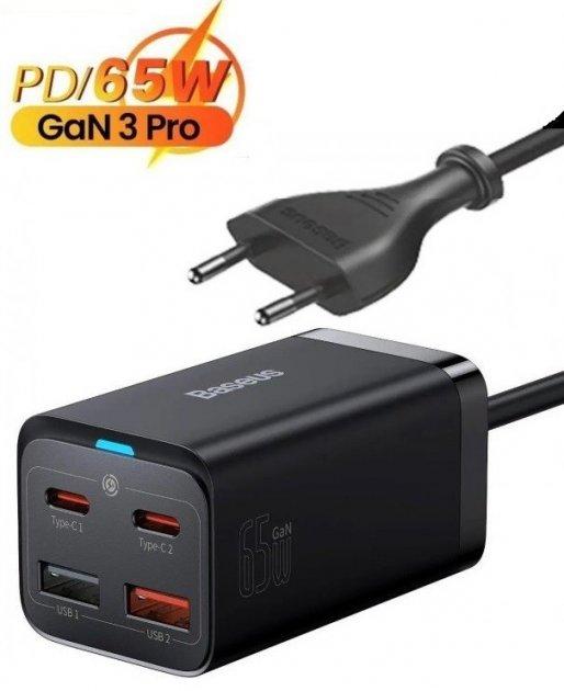 Блок живлення Baseus 65W GaN3 Pro |2xUSB, 2xType-C| + кабель Type-C 100W black