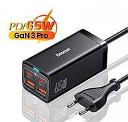 Блок живлення Baseus 65W GaN3 Pro |2xUSB, 2xType-C| + кабель Type-C 100W black, фото 7