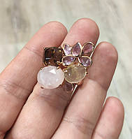 Серебряное кольцо с натуральным розовым кварцем , раухтопазом, пренитом