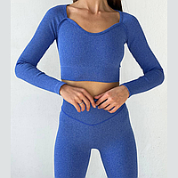 Женский спортивный костюм бесшовный для йоги и фитнеса синий, утягивающая одежда рашгард и лосины ны