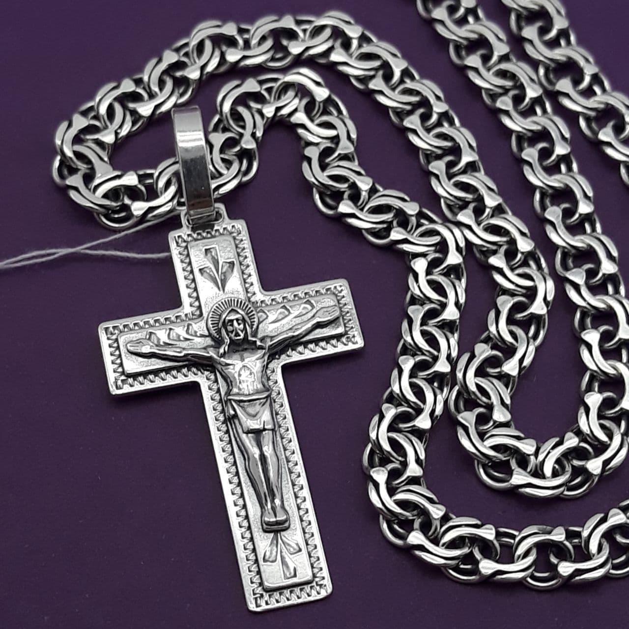 Комплект срібний чорнений ланцюжок бісмарк з хрестиком 925 проба, фото 1