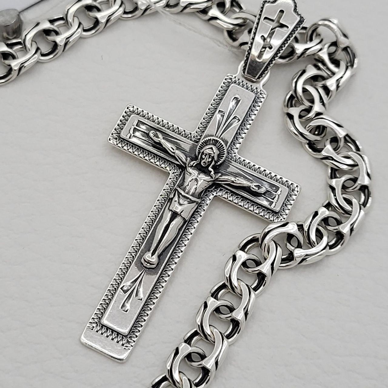Чоловічий срібний комплект з розп'яттям на хрестику: Бісмарк 7 мм, чорніння (36.5 г, 925 проба), фото 1