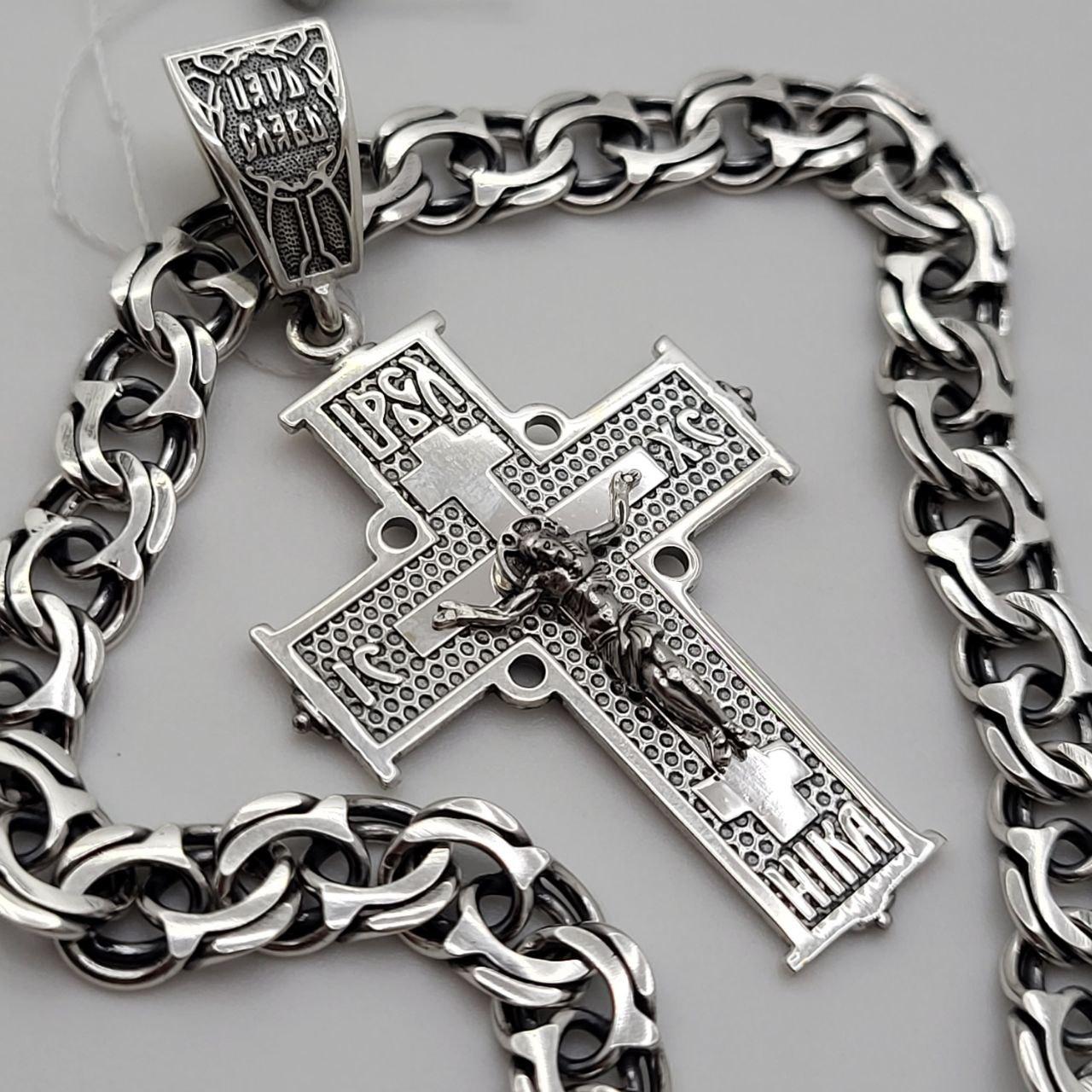 Чоловічий срібний комплект Бісмарк з чорнінням: ланцюжок 7 мм + хрестик (36 г, 925 проба), фото 1