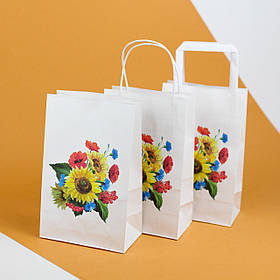 Пакети з символікою для сувенірів 150*90*240 мм Пакет подарунковий з патріотичним малюнком "Квіти України"