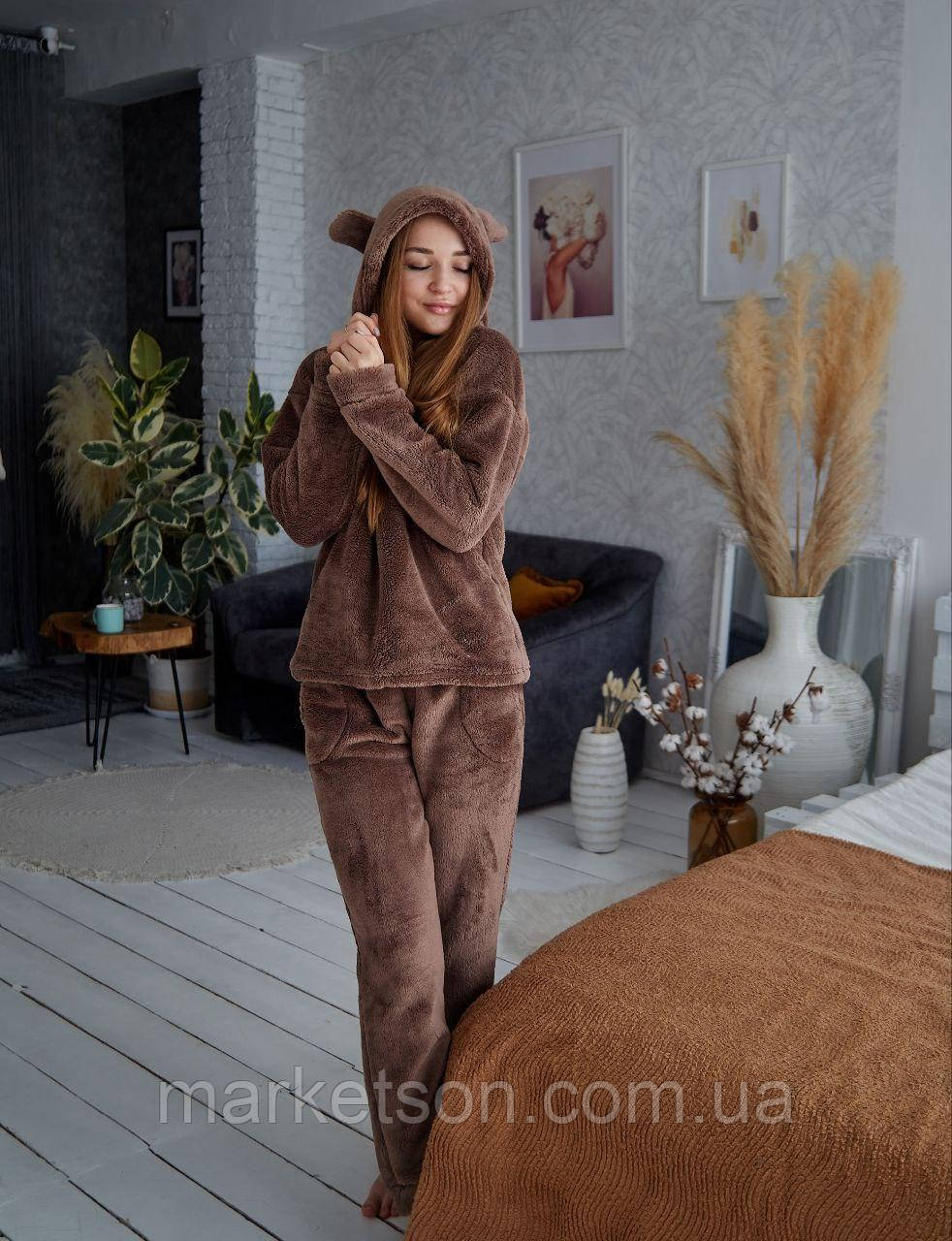 Жіноча піжама махрова тепла з вушками, домашній костюм р. S,M,L,XL