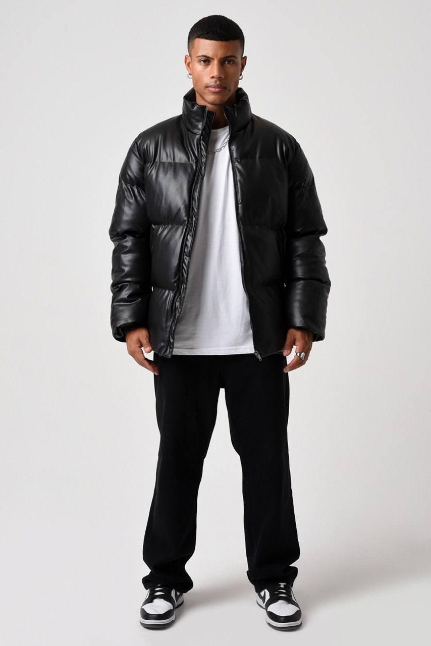 Куртка пуховик чоловіча зимова до -20 чорна тепла молодіжна укорочена дута шкіряна, фото 1