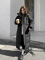 Жіночий довгий чорний пуховик, жіноча чорна довга зимова куртка пальто