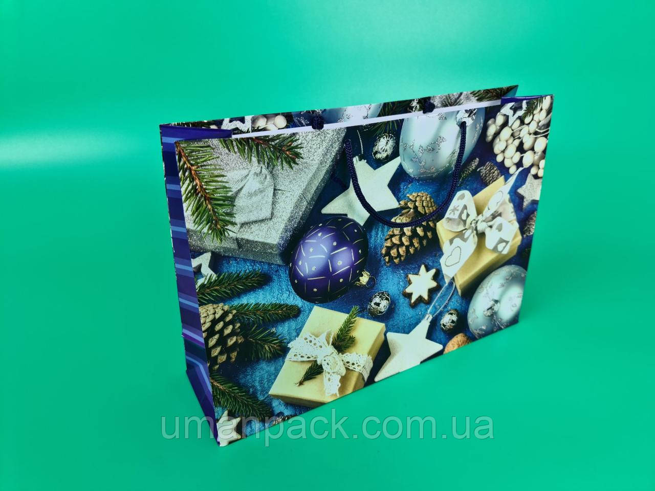 Паперовий Подарунковий Пакет Новорічний горизонтальний 36/22/10 (12 шт.), фото 1