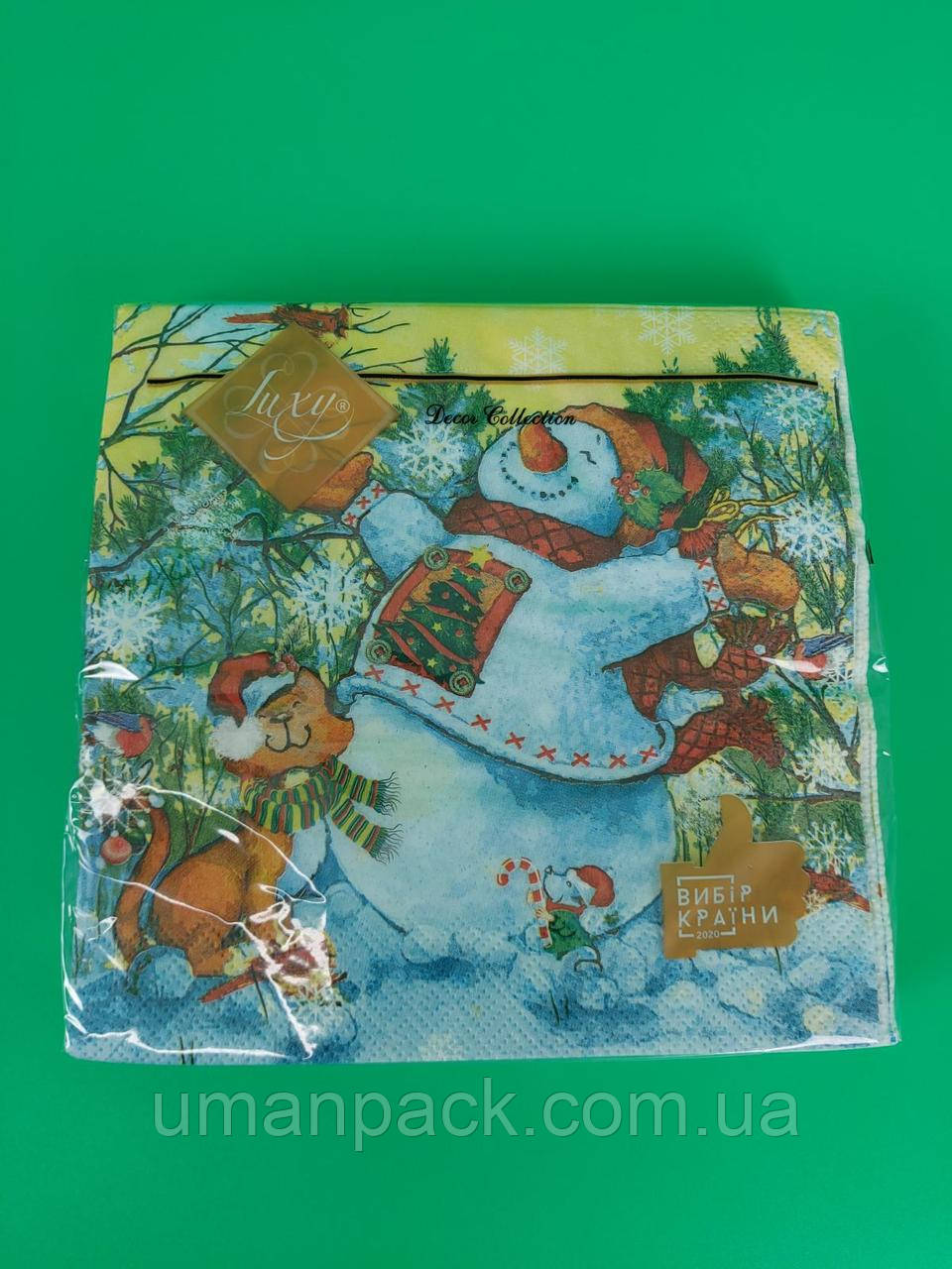 Серветки паперові новорічні (ЗЗХЗЗ, 18 шт.) "Сніговик і кіт" Luxy (1 пачка), фото 1