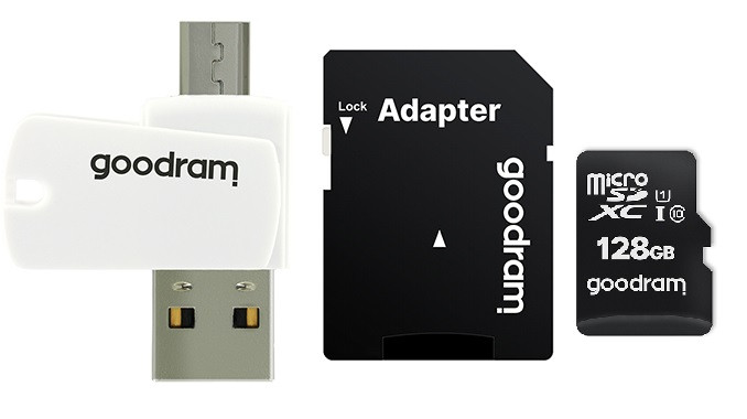 Карта памяти MicroSDXC 128GB UHS-I Class 10 Goodram + SD-adapter + OTG Card reader (M1A4-1280R12)