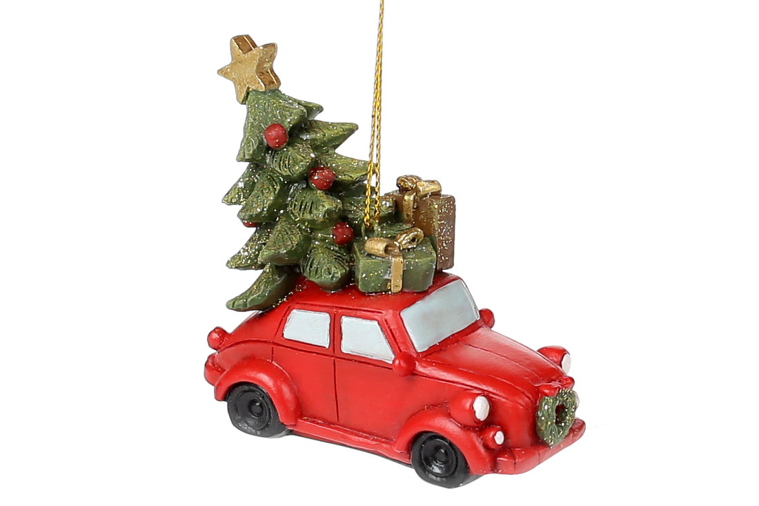 Підвісний декор Машинка з новорічною ялинкою, 7см, колір - червоний