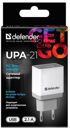Мережевий зарядний пристрій DEFENDER (83571)UPA-21 Білий, 1xUSB, 5V / 2.1 А, фото 4