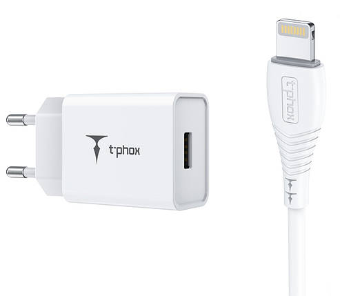 Мережевий зарядний пристрій T-PHOX Mini 12 W 2.4 A + Lightning cable 1.2m (Білий), фото 1