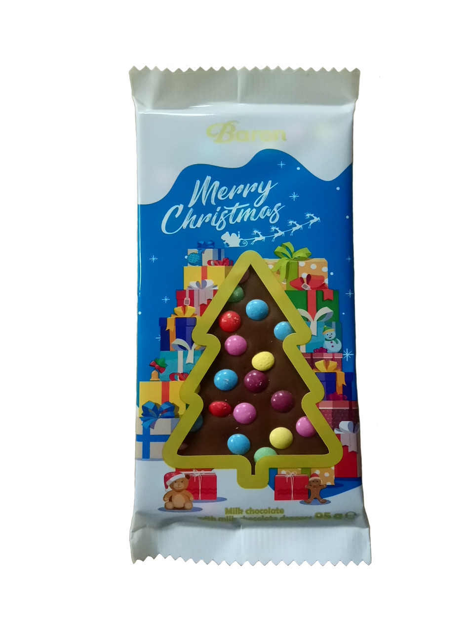 Молочний шоколад із кольоровим драже Baron Merry Christmas 95 грамів, фото 1