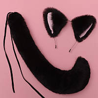 Набор: кошачьи ободок ушки и хвост черный, костюм карнавальный, нарядный кот, аниме, косплей