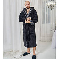 Теплый халат для мужчин с капюшоном Клеточка Велсофт 4002, Черный, 2XL
