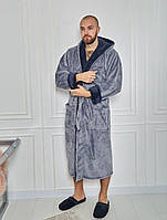 Теплый мужской халат с капюшоном Велсофт 4002, Серый, XL