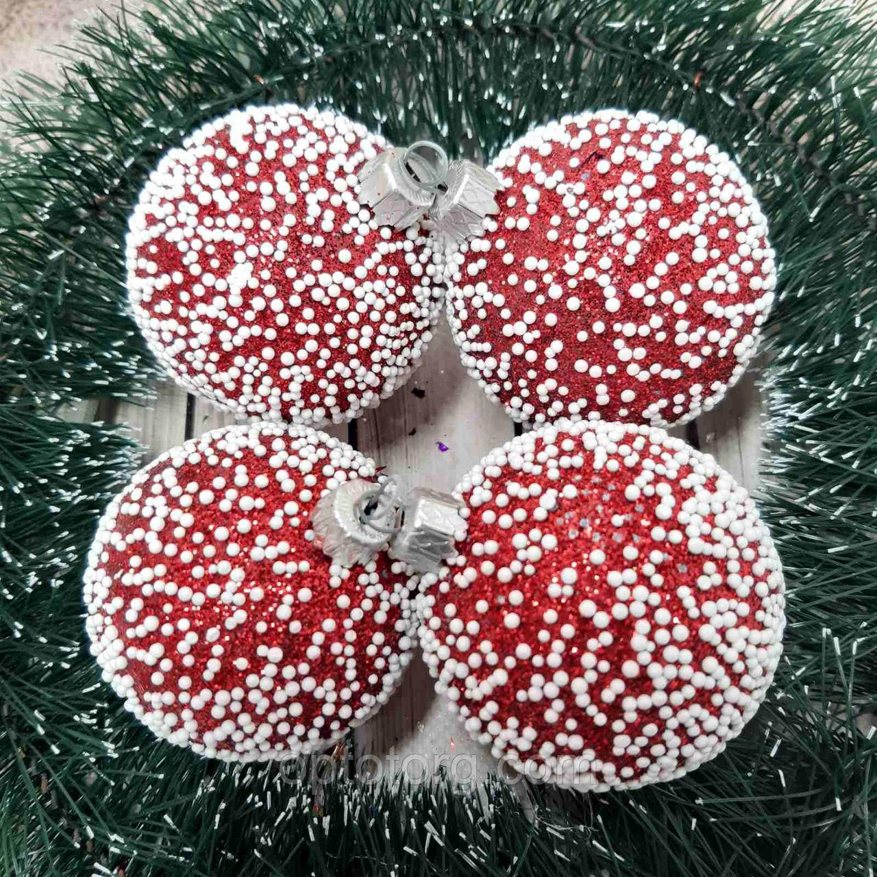 Новорічні іграшки куля снігопад червоний 6 см 6 шт, фото 1