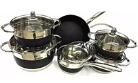 Набор посуды, из нержавеющей стали с мерной шкалой 12 предметов 5 слой оное дно Benson BN-293 цвет черный