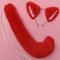 Набор: кошачьи ободок ушки и хвост красный, костюм карнавальный, нарядный кот, аниме, косплей
