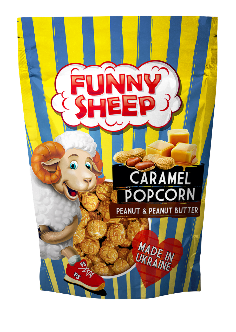 Попкорн у карамелі з арахісом Funny Sheep 90г, повітряні зерна кукурудзи в карамелі, Солодкий попкорн 90гр