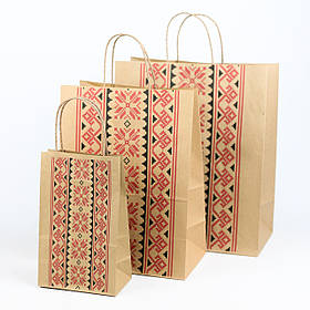 Крафт пакет вишиванка 260*150*350 Пакет подарунковий з українським орнаментом Святкові пакети з принтом