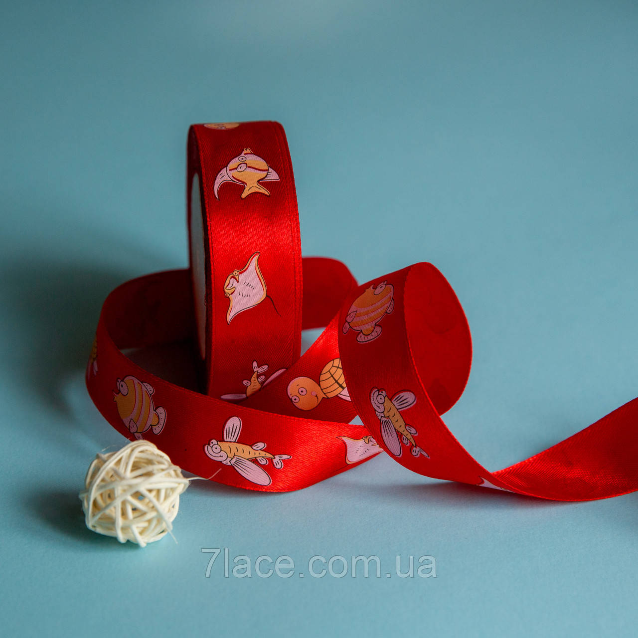 Стрічка атласна з принтом / колір ЧЕРВОНИЙ / ширина 2,5 см / від 1 метра, фото 1