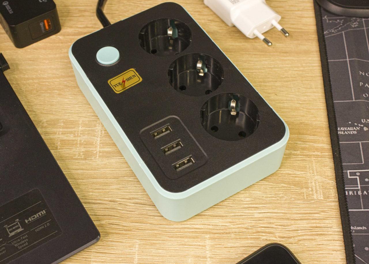 Мережевий фільтр-подовжувач 3 розетки 3 USB Yue Shun