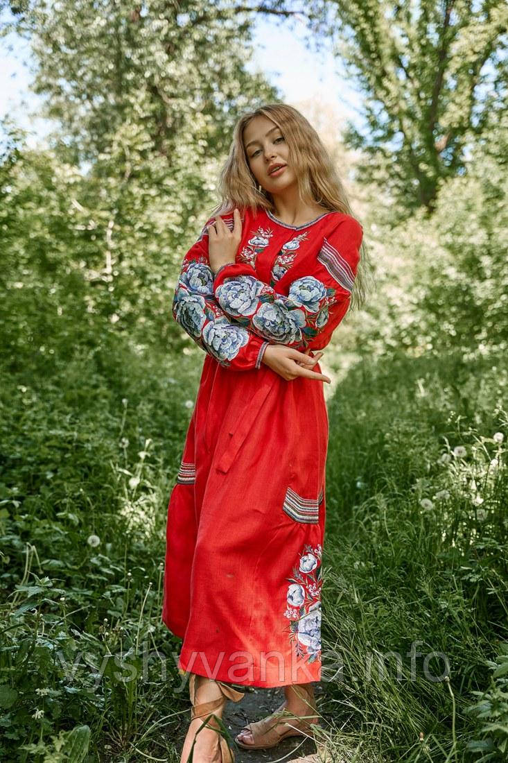 Червоне лляне плаття вишиванка, арт. 4531-коротке