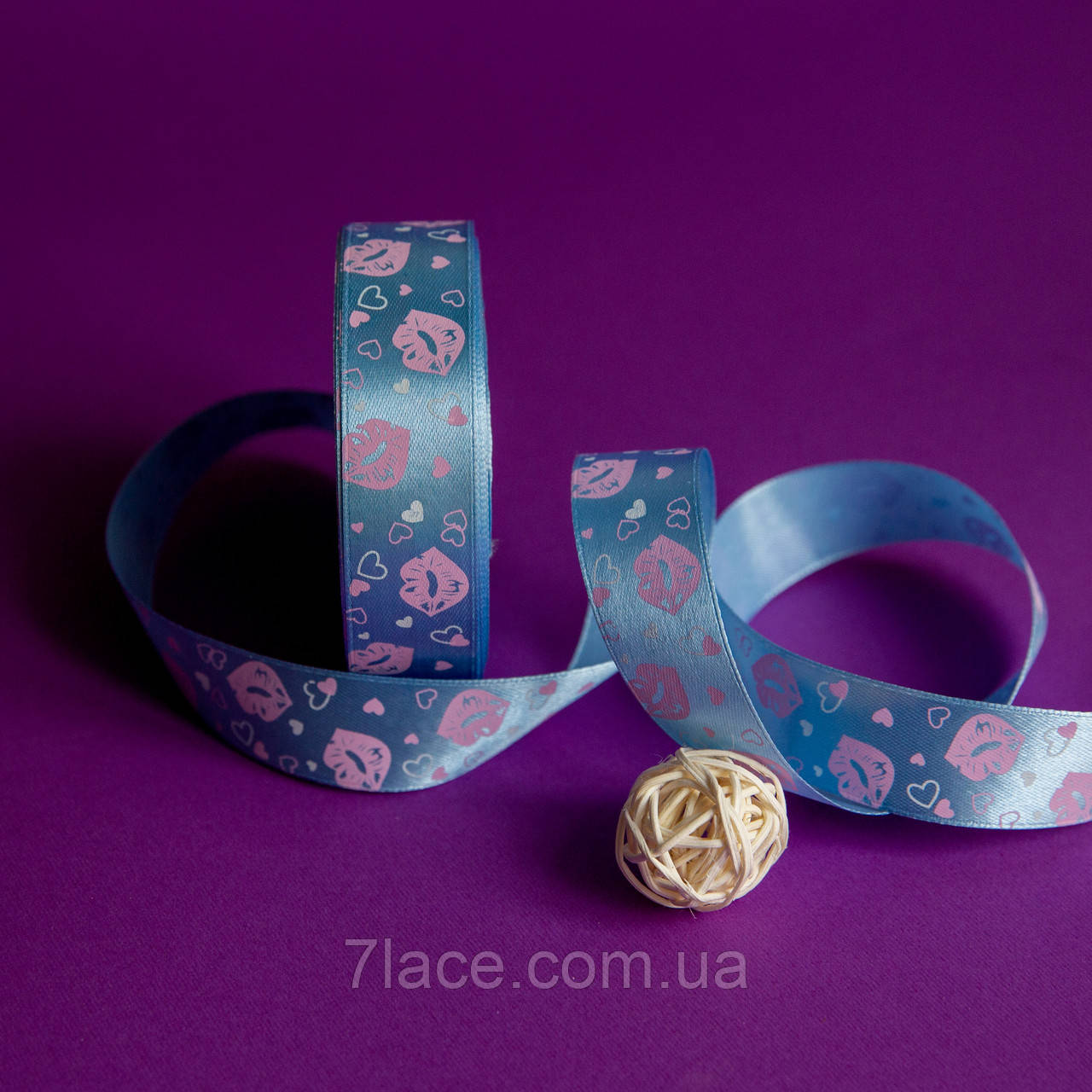 Стрічка атласна з принтом / колір ВАСИЛЬКОВИЙ / ширина 2,5 см / від 1 метра, фото 1