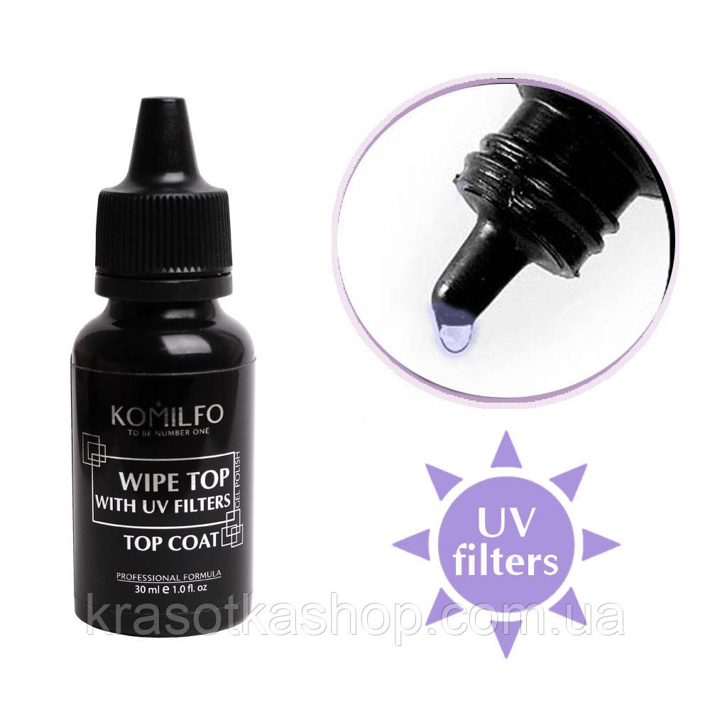 Топ Komilfo Top Coat — закріплювач для гель-лаку з липким шаром без пензлика, 30 мл