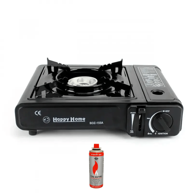 Газова плита на 1 конфорку туристична портативна Happy Home BDZ-155A + 1 балон з кейсом, фото 1