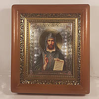 Икона Святого равноапостольного Кирилла, лик 10х12 см, в коричневом деревянном киоте