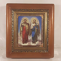 Икона Михаил и Гавриил Архангелы, лик 10х12 см, в коричневом деревянном киоте
