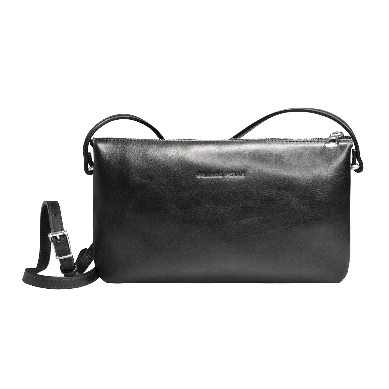 Шкіряна жіноча сумка клатч Grande Pelle чорного кольору стильна з ремінцем через плече для ключів, речей, грошей