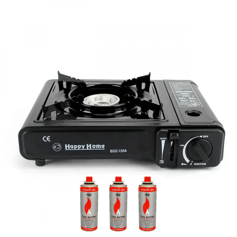 Портативна газова пічка 1 конфорка Happy Home BDZ-155-A+3 балони з кейсом, фото 1
