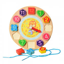 Дерев'яна іграшка Годинник MD 1270 рамка-вкладиш шнурівка сортер, дитяча гра від 2 років
