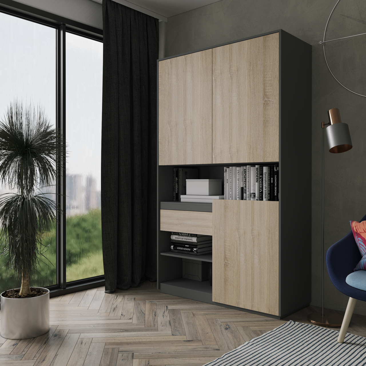 Шафа для книг та документів RS-1. Фурнітура BLUM Ш1242 / В2100 / Г500 Антрацит-Дуб сонома