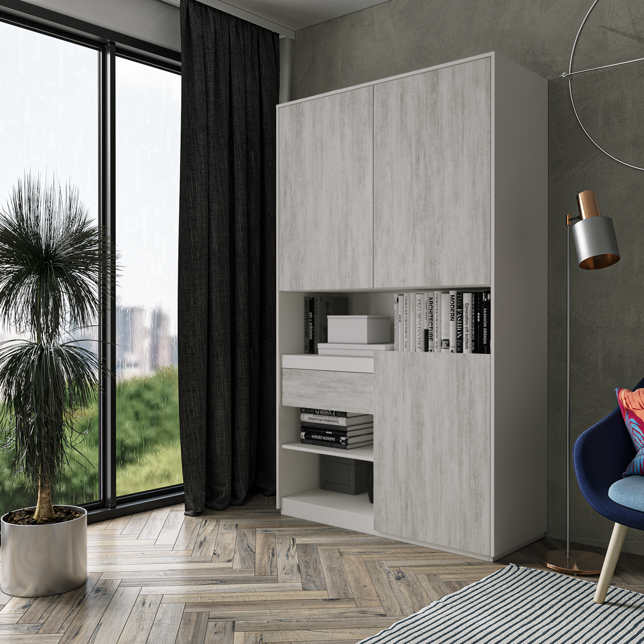 Шафа для книг та документів RS-1. Фурнітура BLUM Ш1242 / В2100 / Г500 Білий-Бетон