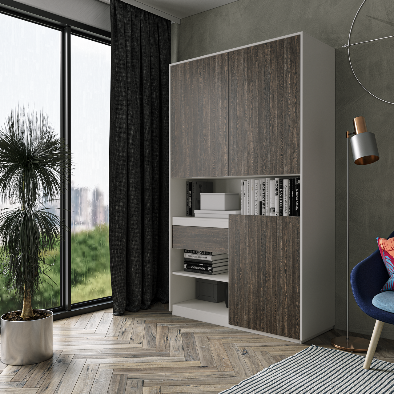 Шафа для книг та документів RS-1. Фурнітура BLUM Ш1242 / В2100 / Г500 Білий-Венге аруша
