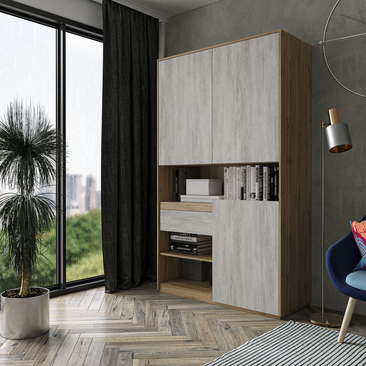 Шафа для книг та документів RS-1. Фурнітура BLUM Ш1242 / В2100 / Г500 Дуб аппалачі-Бетон